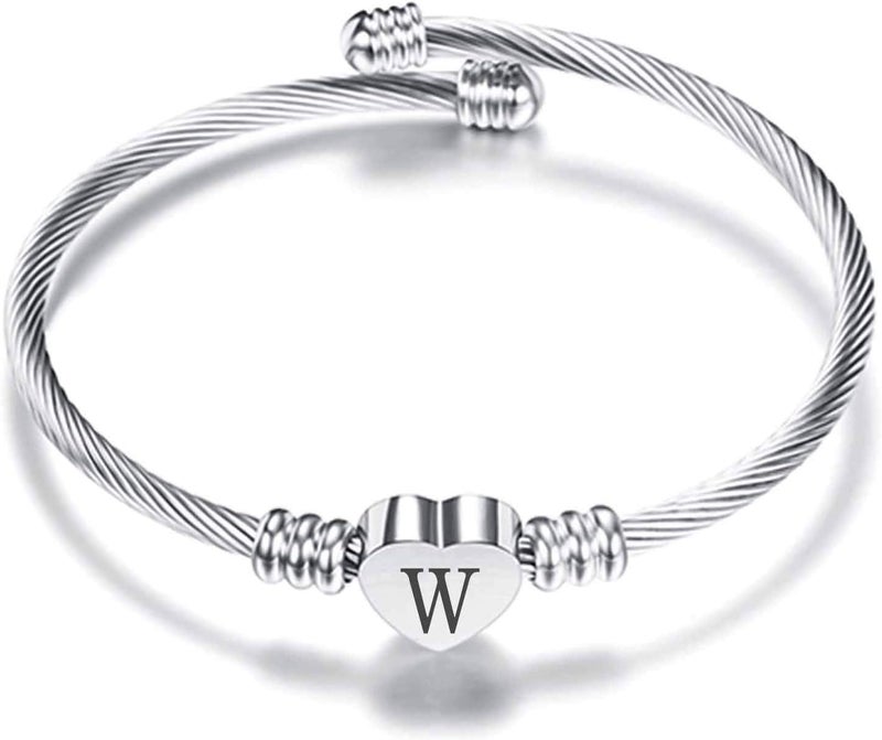 VQYSKO Silver Heart Initials Bracelet-A-Z Stainless Steel Engraved Charm Bracelet, Woman Jewelry Birthday Festival Gift - Image 1